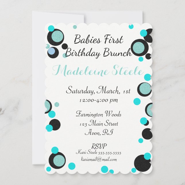 Invitation BÉBÉ & CO Turquoise Blue & Black Polka Dot Party (Devant)