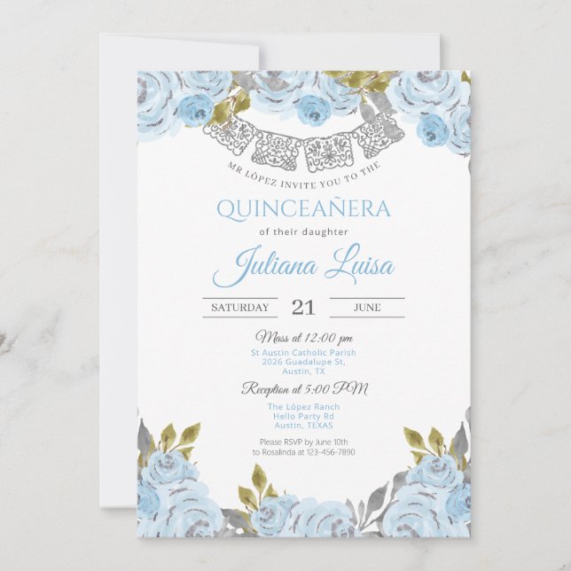 Invitation Bébé coing bleu, bleu clair Quinceanera mexicaine (Devant)