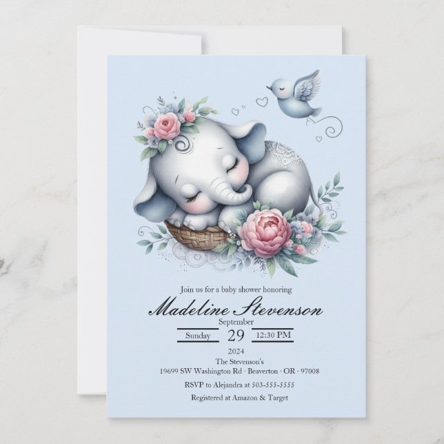 Invitation Bébé couché Eléphant Baby shower à thème (Devant)