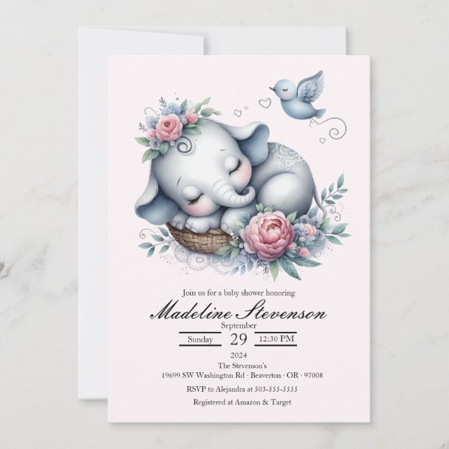 Invitation Bébé couché Eléphant Baby shower à thème (Devant)