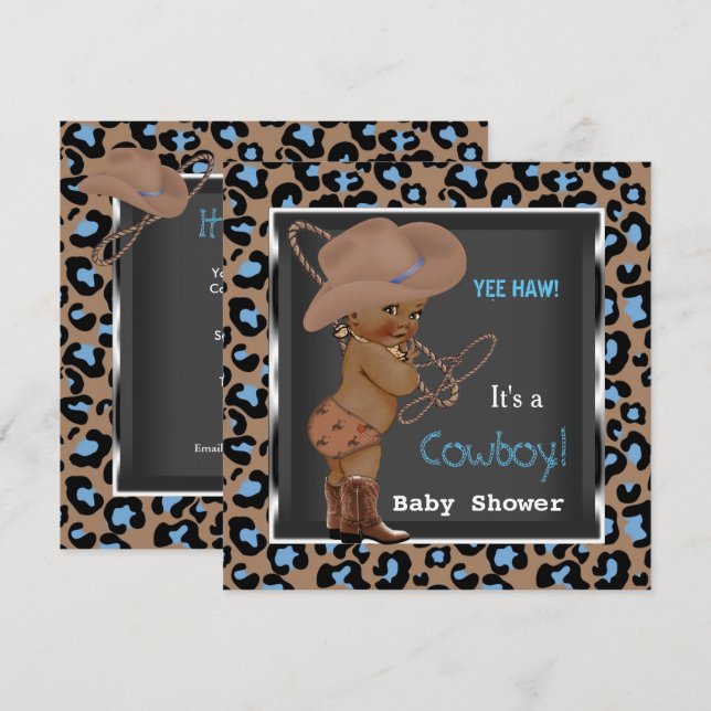 Invitation Bébé cow-boy shower garcon bleu marron ethnique (Devant / Derrière)