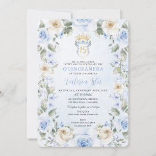 Invitation Bébé Crème Bleue Floral Wreath Or Quinceañera