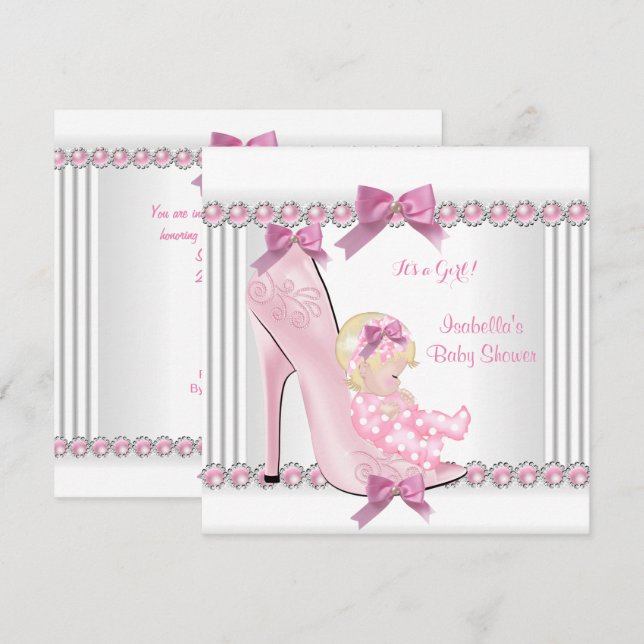 Invitation Bébé Cute Shower Fille Rose Points Chaussure à Tal (Devant / Derrière)