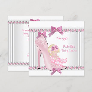 Invitation Bébé Cute Shower Fille Rose Points Chaussure à Tal