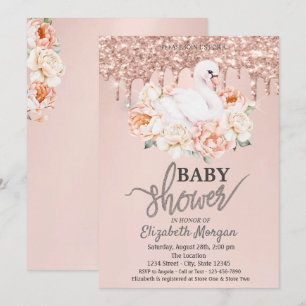 Invitation Bébé cygne aquarelle gouttes de paillettes en or r