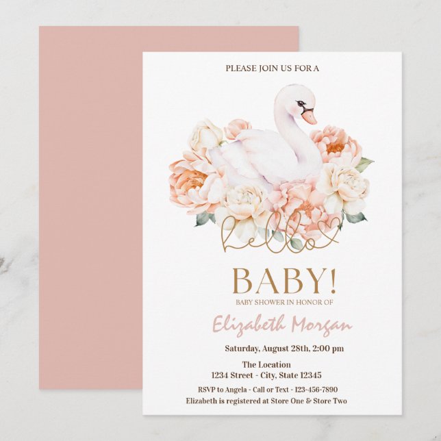 Invitation Bébé Cygne Bonjour Bébé Baby Shower  (Devant / Derrière)