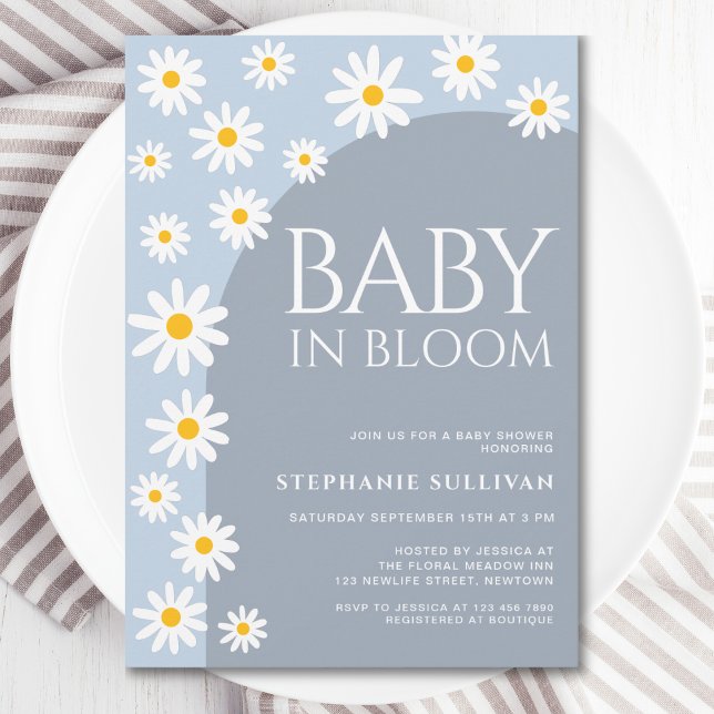 Invitation Bébé Daisy En Fleur Baby shower Bleu Boho (Créateur téléchargé)