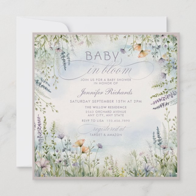 Invitation Bébé dans la douche en fleurs (Devant)