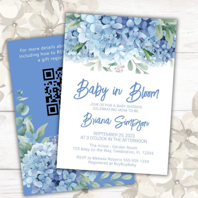 Invitation Bébé dans le Baby shower Bleu en fleurs Hydrangeas (Créateur téléchargé)