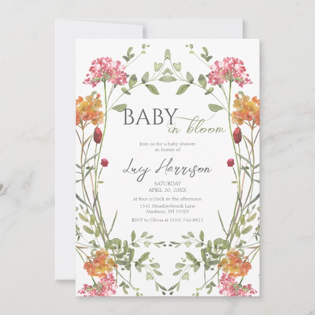 Invitation Bébé dans Prairie Fleurs en Fleur Aquarelle (Devant)