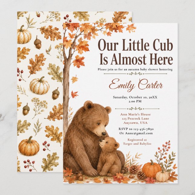 Invitation Bébé d'Automne: Shower pour Ourson (Devant / Derrière)