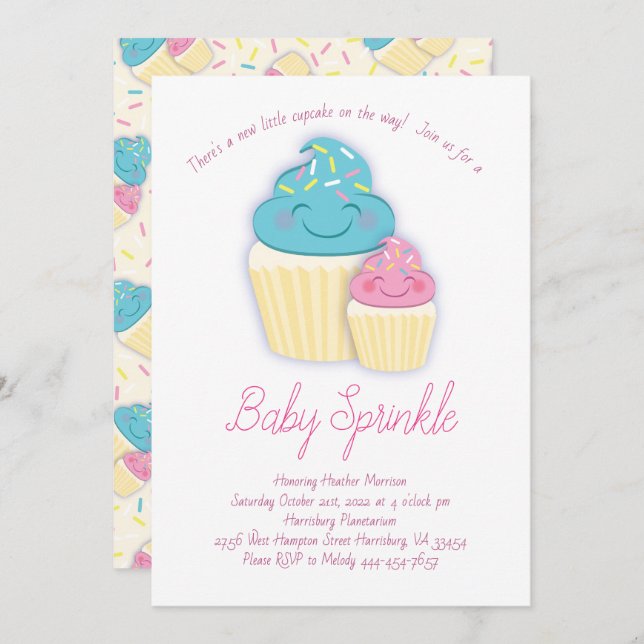 Invitation Bébé de Cupcake mignon Douche Sprinkle (Devant / Derrière)