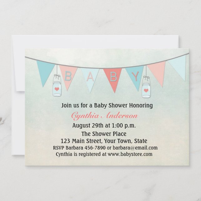 Invitation Bébé de drapeaux, bocaux de Mason, Baby shower (Devant)
