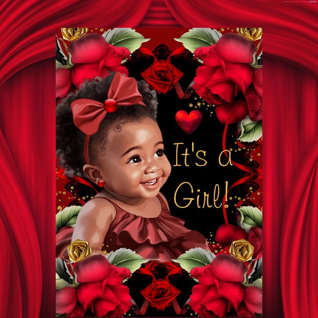 Invitation Bébé de Fête de Naissance Fille Rose Rouge Ethniqu (Créateur téléchargé)