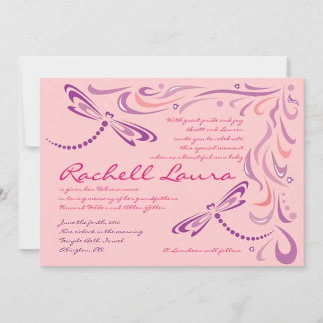 Invitation Bébé de libellule appelant l'invitation hébreu (Devant)