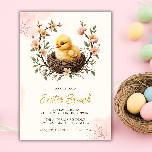 Invitation Bébé de Pâques Jaune Chick Rose Floral Wreath Brun (Easter Baby Chick Yellow Pink Floral Wreath Brunch Invitation)