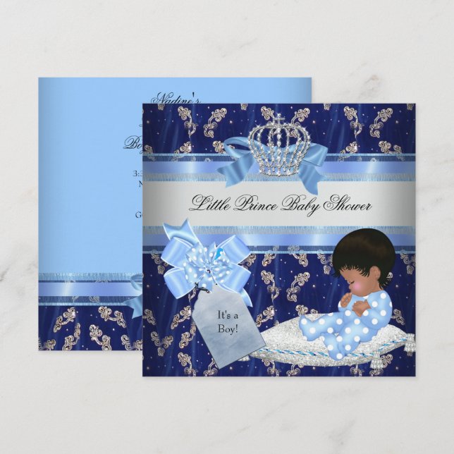 Invitation Bébé de shower ethnique garçon bleu petit prince c (Devant / Derrière)