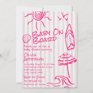 Invitation Bébé Dessiné Sur Planche De Surf Fille D'été Baby 