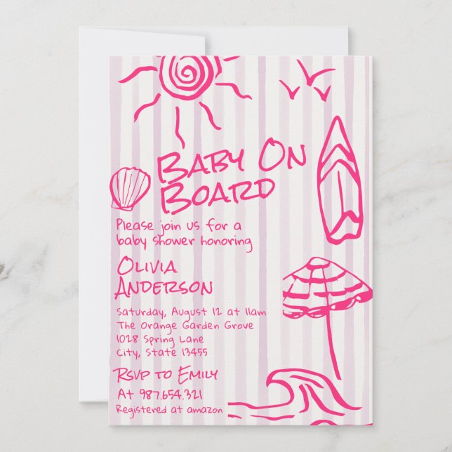Invitation Bébé Dessiné Sur Planche De Surf Fille D'été Baby  (Devant)