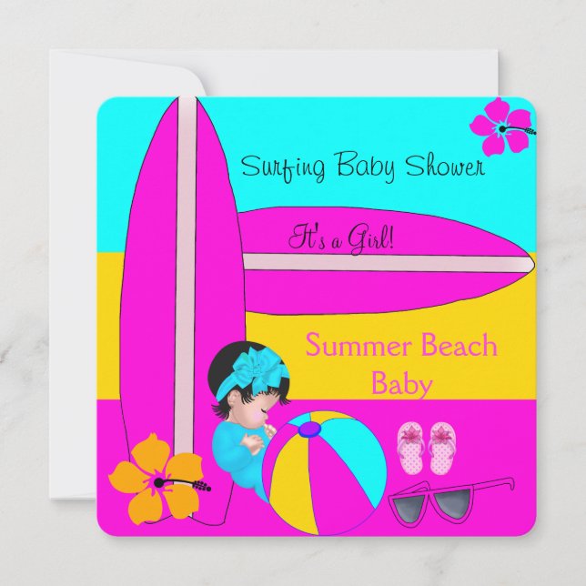 Invitation Bébé d'été Fille Baby Shower Plage Bébé Surf Bébé  (Devant)