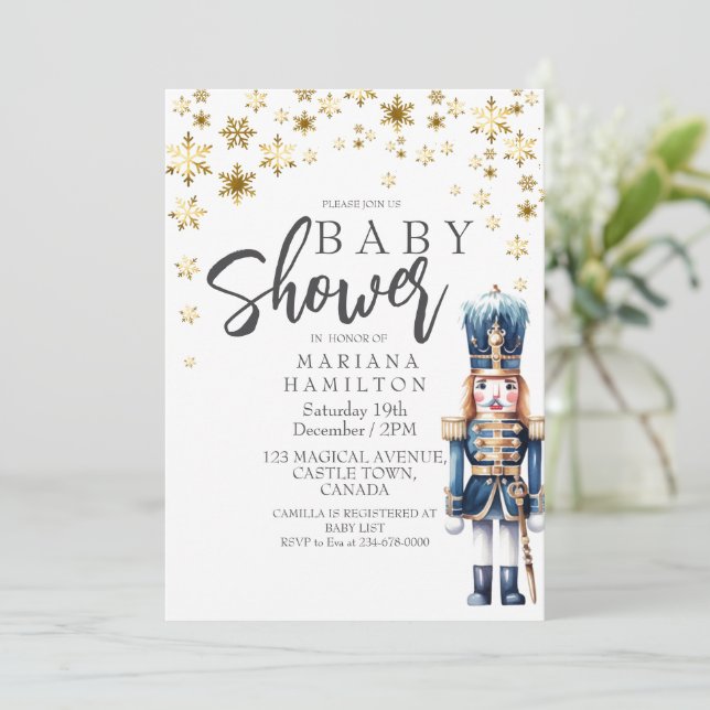 Invitation Bébé d'hiver Boy Shower Gold Snowflakes Nutcracker (Debout devant)