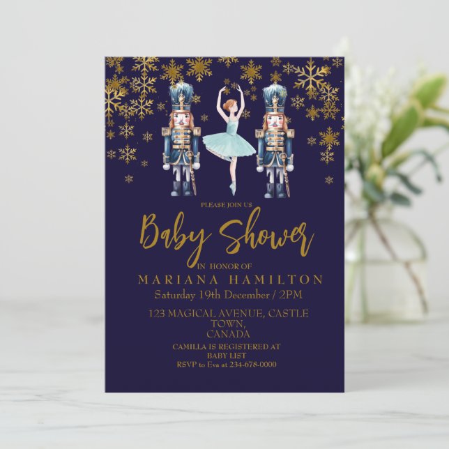 Invitation Bébé d'hiver Douche garçon Blue Gold Snowflakes (Debout devant)