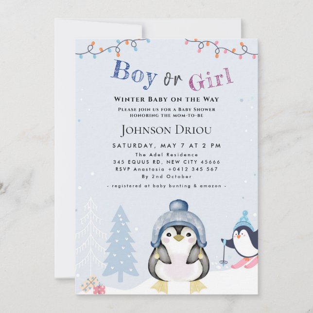 Invitation Bébé d'hiver en route Fête de bébé Pingouin d'hive (Devant)