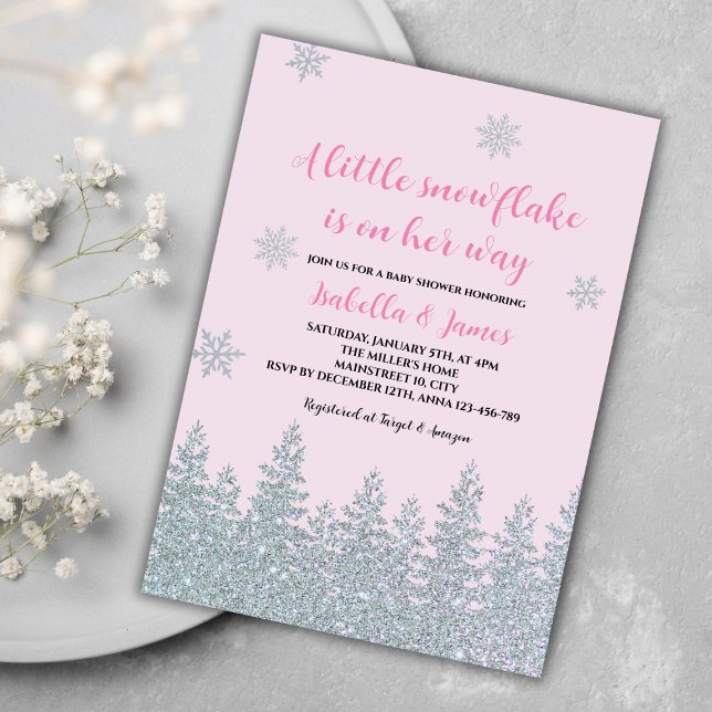 Invitation Bébé d'hiver fille douche Woodland Petit Flocon de (winter baby girl shower invitation pink woodland silver glitter little snowflake on the way)