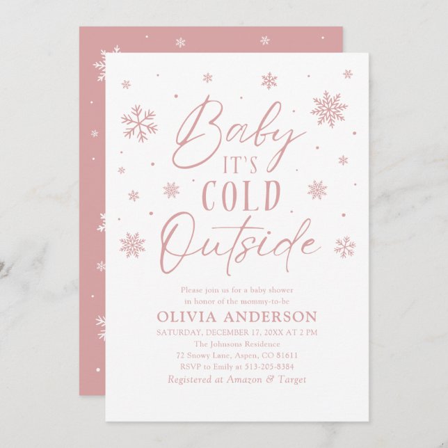 Invitation Bébé d'hiver rose Il fait froid dehors Baby shower (Devant / Derrière)