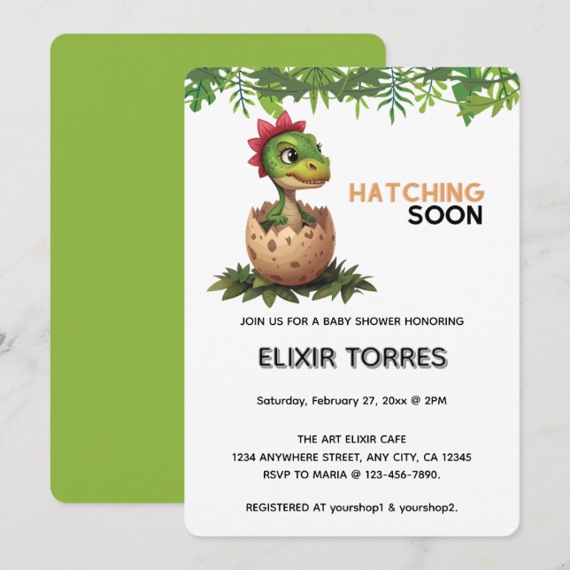 Invitation Bébé dinosaure adorable Kawaii qui éclot (Devant / Derrière)