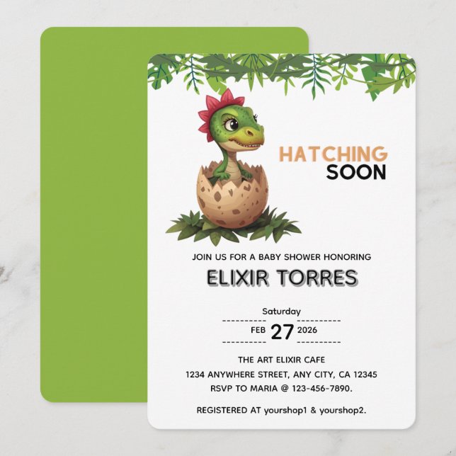 Invitation Bébé dinosaure adorable Kawaii qui éclot (Devant / Derrière)