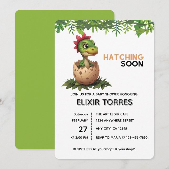 Invitation Bébé dinosaure adorable Kawaii qui éclot (Devant / Derrière)