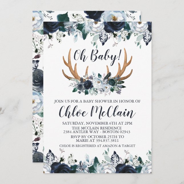 Invitation Bébé d'invitation de baby shower de Boho de marine (Devant / Derrière)
