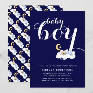 Invitation Bébé dormant douche marine bleu typographie