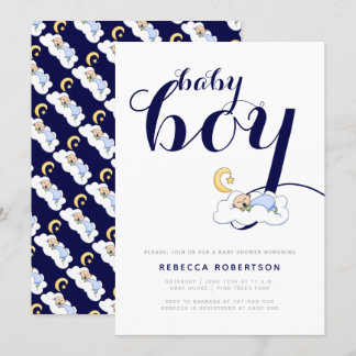 Invitation Bébé dormant douche marine bleu typographie
