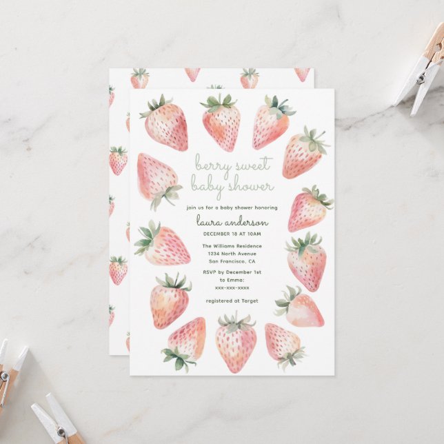 Invitation Bébé Douce Fête de Naissance Aquarelle Fraises Dan (Devant/Arrière en situation)