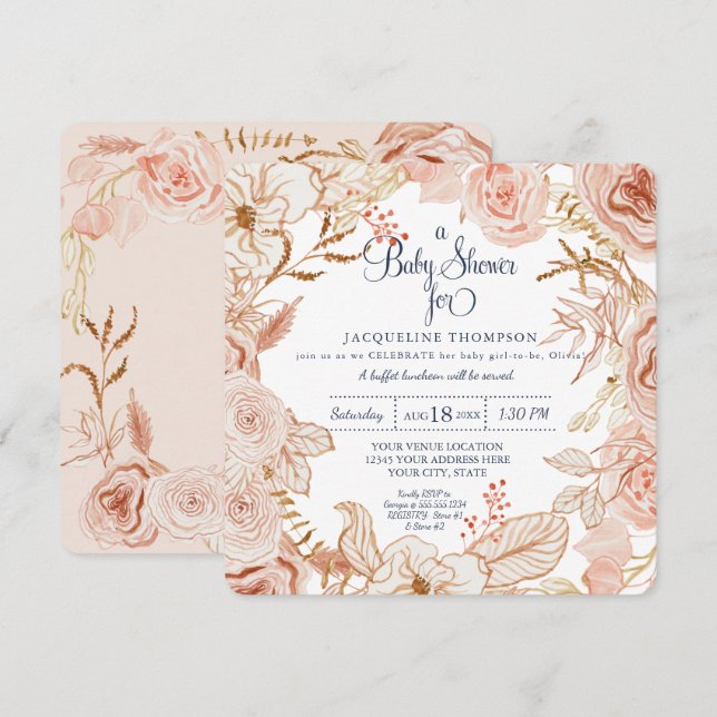 Invitation Bébé Douche à eau rose Folial (Devant / Derrière)