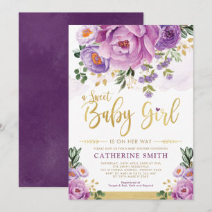 Invitation Bébé doué Purple Gold PeonBaby shower