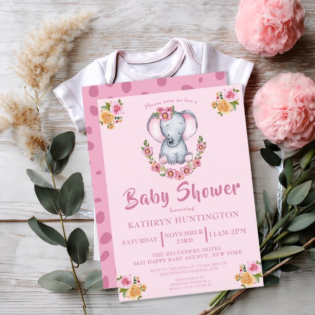Invitation Bébé doux Eléphant rose Boho Baby shower Floral (CUTE PINK BABY ELEPHANT FLORAL SAFARI BABY SHOWER INVITATION)