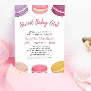 Invitation Bébé Doux Macarons roses Dessert Baby Girl Douche