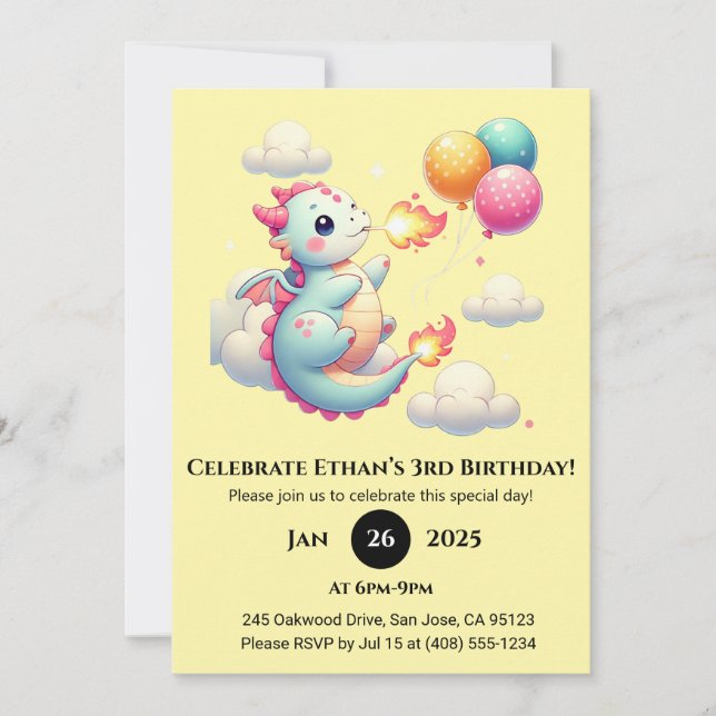 Invitation Bébé dragon avec ballons dans le ciel d'anniversai (Devant)