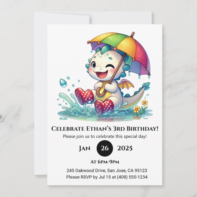 Invitation Bébé dragon clignant avec parapluie d'anniversaire (Devant)