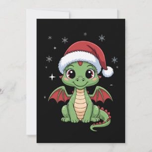 Invitation Bébé dragon de Noël Chapeau de Père Noël Flocons d