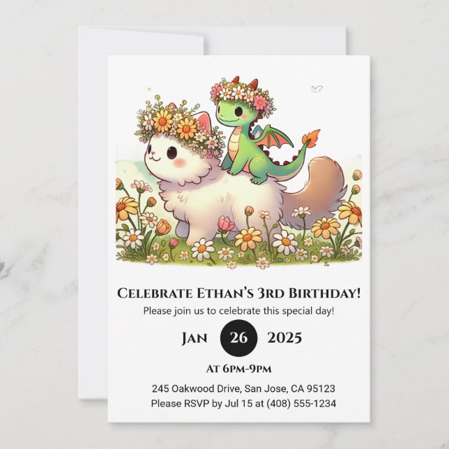 Invitation Bébé Dragon et Chat Fluffy dans Fleur Anniversaire (Devant)