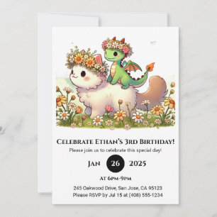 Invitation Bébé Dragon et Chat Fluffy dans Fleur Anniversaire