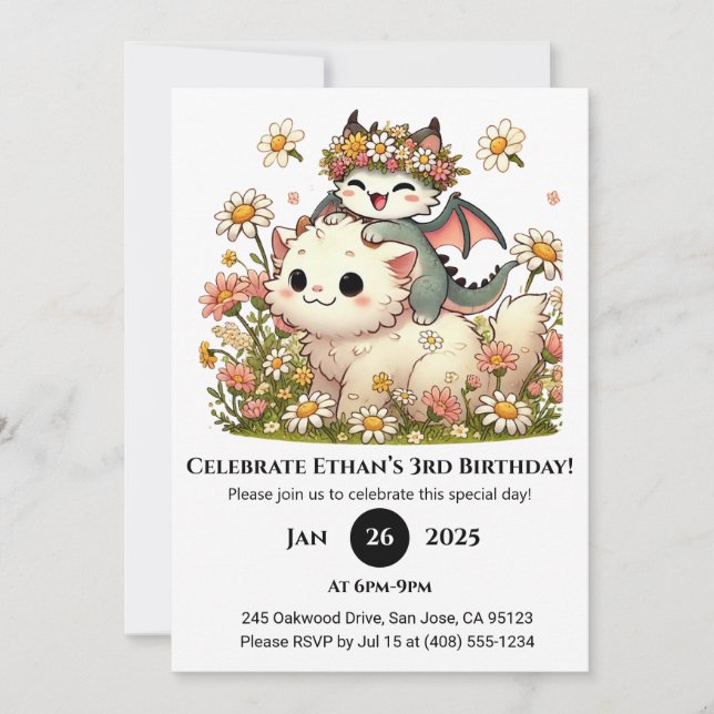 Invitation Bébé Dragon et Fluffy Chat en Flower Anniversaire (Devant)
