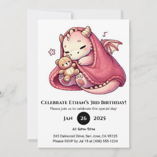 Invitation Bébé dragon rose endormi avec anniversaire Teddy