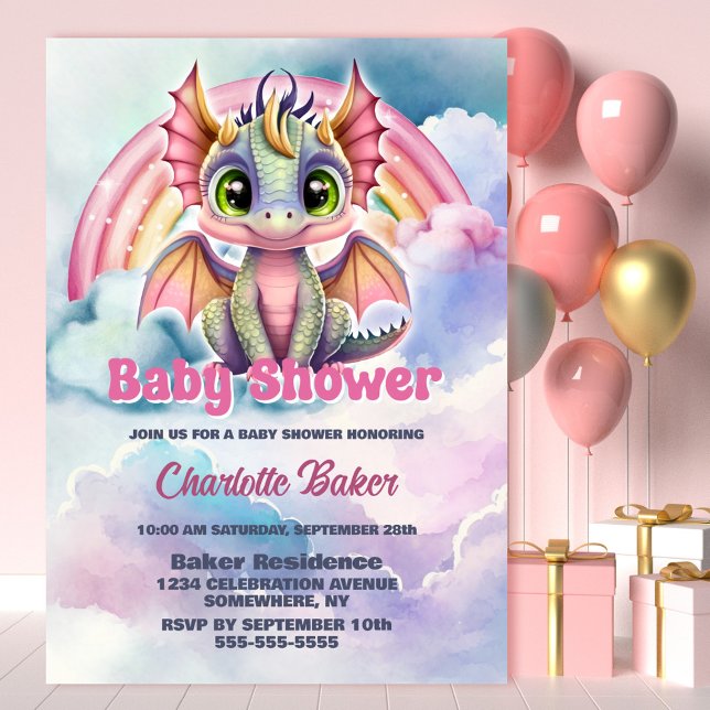 Invitation Bébé Dragon rose mignon Baby shower fille (Créateur téléchargé)