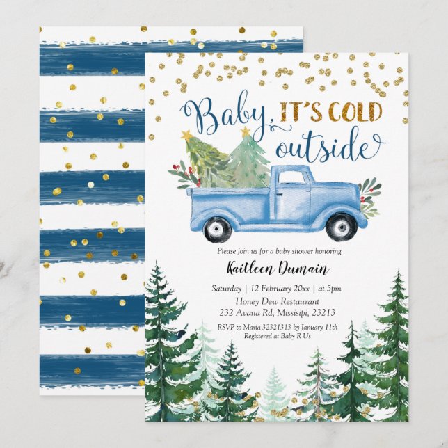 Invitation Bébé du camion bleu Noël Il fait froid dehors (Devant / Derrière)