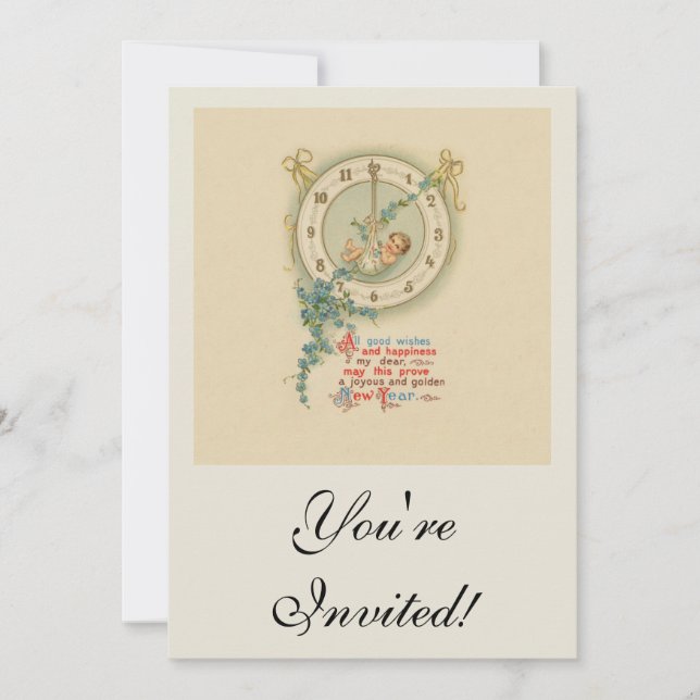 Invitation Bébé du Nouvel An Horloge Vintage (Devant)